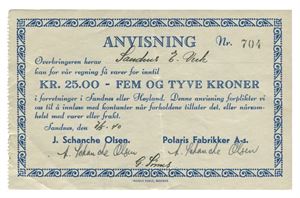 Polaris Fabrikker a/s, 25 kroner 7/5-1940. Nr.704