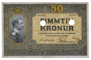 50 kroner (1916). 21947. Tapet/taped. Hullmakulert med to hull/holecancelled with two holes