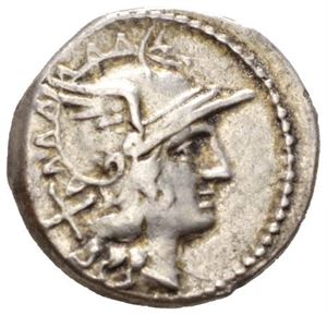 TIDLIG REPUBLIKK 199-170 f.Kr., denarius. Hode av Roma mot høyre/Dioscurene mot høyre