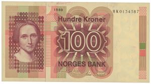 100 kroner 1980. HK0134587. Erstatningsseddel/replacement note