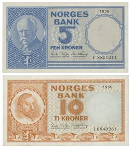 Lott 2 stk. 10 kroner 1956 I og 5 kroner 1956 C.