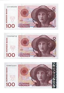 Lot 3 stk. 100 kroner 1995, 1999 og 2003.