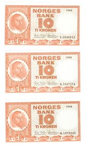 Lot 3 stk. 10 kroner 1968 M, 1968 R og 1969 V
