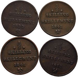 Lot med 4 stk 1/2 skilling 1839-1863