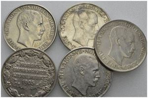 Lot 5 stk. 2 kroner 1906, 1908, 1912, 1913 og 1915