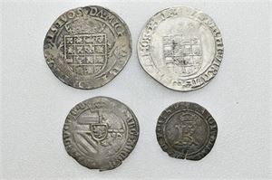 Lot 4 stk. Karl V 1506-1555, Antwerpen; Gros u.år/n.d. (1507-1520), 1/2 real u.år/n.d. (1521-1555), stuiver u.år/n.D. (1521-1556) og dobbel mite u.år/n.d. (1524-1529)