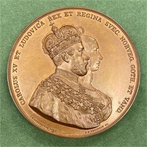 Carl XV. Kongens og dronningens kroning 1860. Ericsson. Bronse. 58 mm