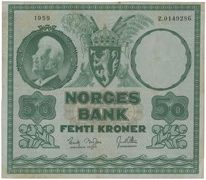 50 kroner 1959. Z.0149286. Erstatningsseddel/replacement note.