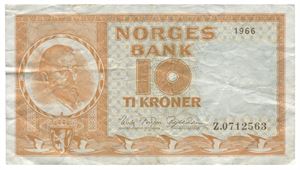 10 kroner 1966. Z0712563. RR. Erstatningsseddel/replacement note