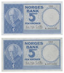 Lott 2 stk. 5 kroner 1962 K.2629150 og 1963 K.8975694