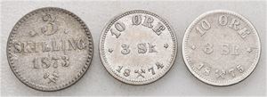 Oscar II, lot 3 stk. 3 skilling 1873, 10 øre/3 skilling 1874 og 1875