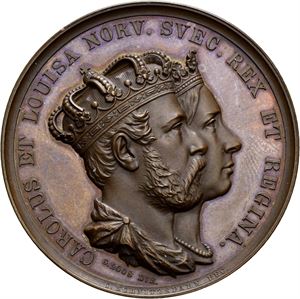 Carl XV. Universitetets minnemedalje til kroningen i 1860. Schnitzpahn. Bronse. 41 mm