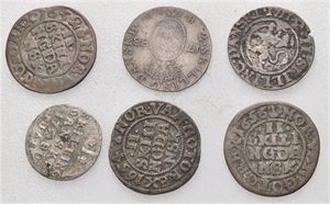 Lot 6 stk. 2 skilling 1652, 1654, 1656, 1711, 1788 og 1 skilling 1780