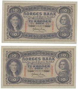 10 kroner 1939. Y.9005542-43. 2 stk. i nummerrekkefølge.
