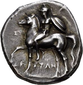 CALABRIA, Taras, 272-235 f.Kr., didrachme (6,6 g). Naken guttb på hest mot venstre/Taras på delfin mot venstre