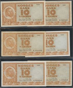 Lott 34 stk. 10 kroner 1959/73, inkl. en erstatningsseddel (1971 X)