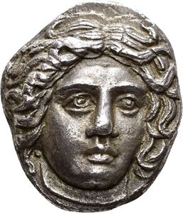 CARIA, Rhodos, ca.404-385 f.Kr., tetradrachme (14,70 g). Hode av Helios en face/Rose