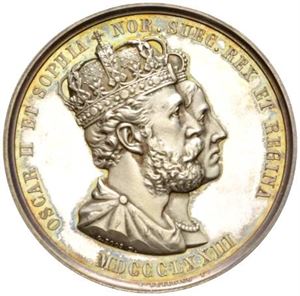 Oscar II. Kongens og dronningens kroning 1873. Minnemedalje. Kullrich/Weigand. Sølv. 42 mm.