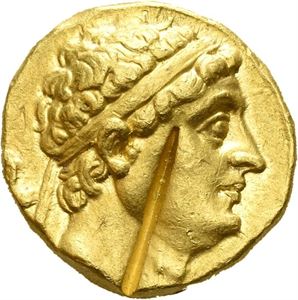BAKTRIA, Greco-Baktrian Kingdom. Diodotos I Soter (circa 256-235 BC). In the name of Antiochos II of Syria. Mint A, near Aï Khanoum. AV stater (8,25 g). Diademed head of Diadotos to right / BASI?EOS ANTIOXOY, Zeus Bremetes advancing left, extended left arm draped with aegis, hurling thunderbolt with right hand; eagle standing in front of Zevs at feet; N above eagle. Typical test cut on head and tiny edge cut. Area of flat strike on the reverse. Scarce.