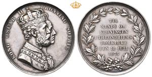 Oscar II. Kongen og Dronningens kroning 1873. Kullrich. Sølv. 39 mm