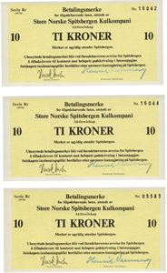 Lot 3 stk. 10 kroner 1976. Serie Rr. Nr.05583, 16042 og 16044