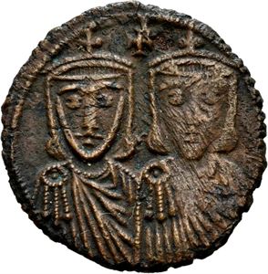 Leo IV the Khazar 775-780, Æ follis, Constantinople. Byster av Leo IV og Constantin VI/Byster av Leo III og Constantin V