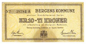 Bergen kommune, 10 kroner 1940. No.38284A. Flekk/spot