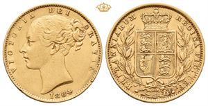 England. Victoria, sovereign 1864. Die number 100. Små kantskader/minor edge nicks