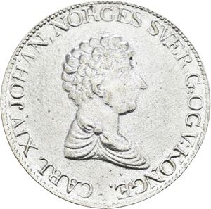 Carl XIV Johan 1818-1844. Speciedaler 1827/6. Har vært anhengt og forsølvet/has been mounted and silvered
