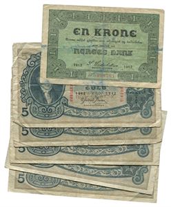 Lot 5 stk. 5 kroner 1942 U, 1943 V, 1944 V og 1 krone 1917, 1917 F