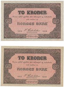 Lot 2 stk. 2 kroner 1918. 0258168 og 69 (2 stk. i nummerrekkefølge)