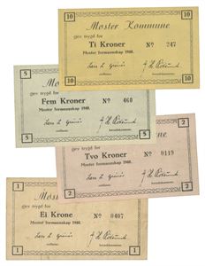 Moster Kommune, lot 4 stk. 10-, 5-, 2- og 1 krone 1940