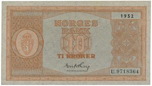 10 kroner 1952. U.9718364.