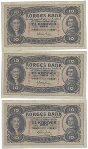 10 kroner 1943. D.0847901-03. 3 stk. i nummerrekkefølge.