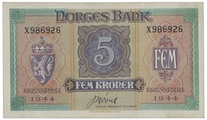 5 kroner 1944. X986926.