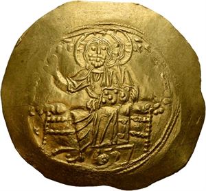 Alexius I Comnenus 1081-1118, hyperpyron, Constantinople, 1092-1118. (4,35 g). Krisus på trone/Alexius stående. Dobbltpreget på advers/obverse double-struck