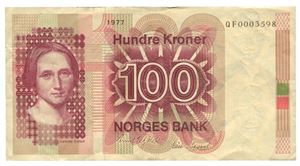 100 kroner 1977. QF0003598. Erstatningsseddel/replacement note