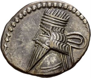 KINGS of PARTHIA. Vologases III (circa AD 105-147). AR drachm (3,77 g). Ekbatana mint. Diademed and draped bust of Volugases to left / Archer (Arsakes I) seated right on throne, holding bow; monogram below bow. Cabinet toning.