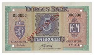 5 kroner London 1944. 000000. Specimen