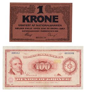 Lot 2 stk. 100 kroner 1961 A3 og 1 krone 1914