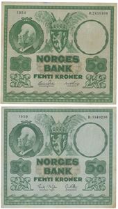 Lott 2 stk. 50 kroner 1954 B og 1959 D