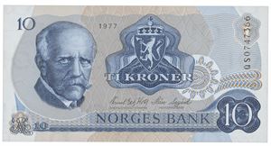 10 kroner 1977. QS0747366. Erstatningsseddel/replacement note