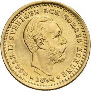 OSKAR II 1872-1907. 5 kronor 1894. Har vært anhengt/has been mounted