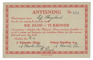 J. Schanche Olsen/Polaris Fabrikker, Sandnes, 10 kroner 8/5-1940. Nr.461