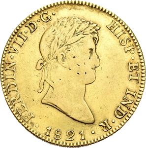 Ferdinand VII, 8 escudos 1821. Små blankettfeil/minor planchet defects