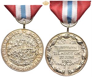7.juni medaljen 1906. Forgylt sølv. 32 mm. Merket Specimen