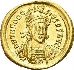 Theodosius II 402-450, AV solidus, Constantinople 408-420 (4,15 g). Helmeted and cuir. bust three-quarter face to r., holding spear and shield/Constantinopolis std. facing, holding sceptre and Victory on globe. Small graffito X in reverse field