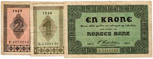Lot 3 stk. 2 kroner 1947 E, 1 krone 1917 E og 1948 K