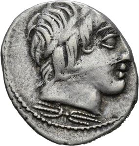 Gargonius, Ogulnius og Vergilius 86 f.Kr., denarius. Hode av Apollo mot høyre/Jupiter i quadriga mot høyre