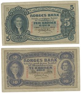 5 kroner 1942 V og 10 kroner 1943 C
